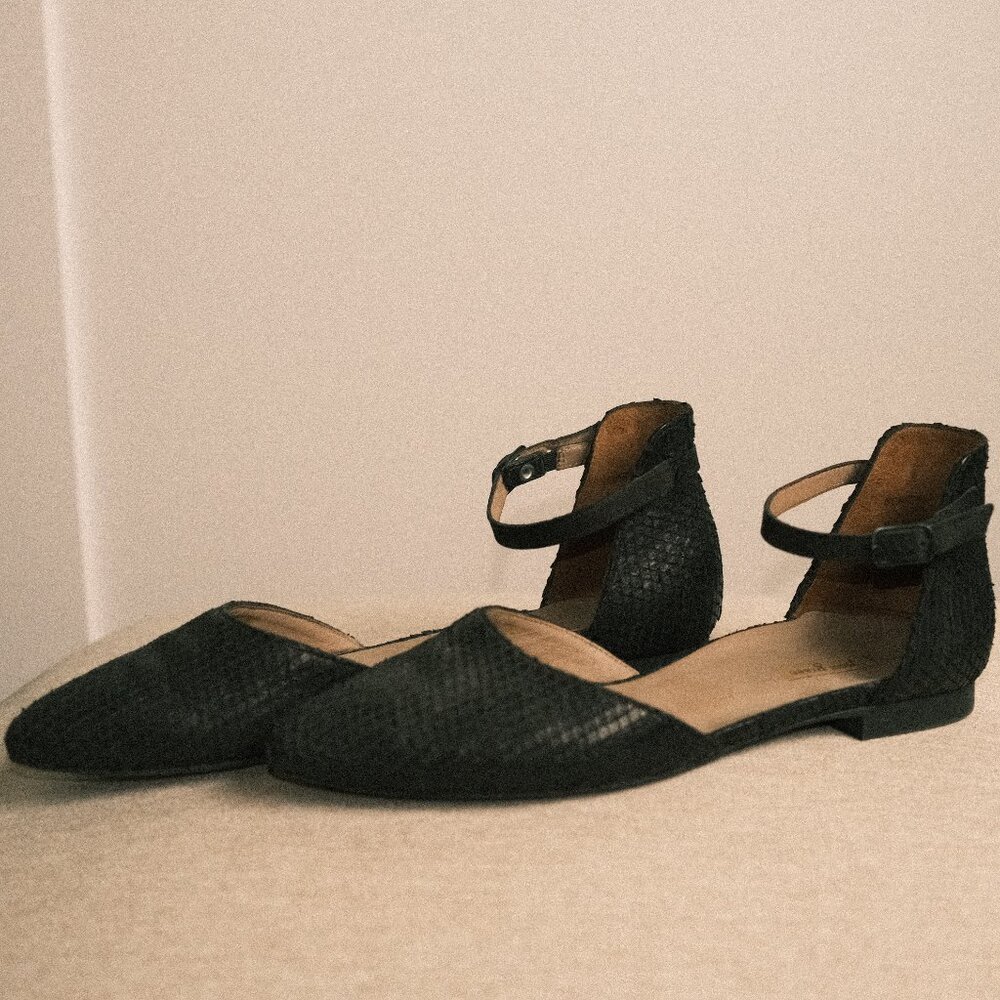 Paul Green Textured Black Leather Flats with Ankle Strap